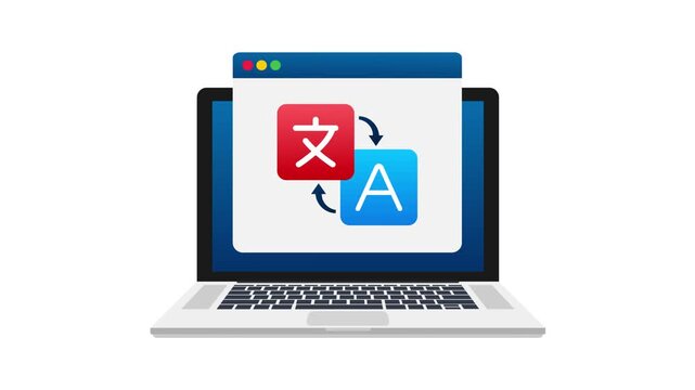 Online translator application on laptop screen animation