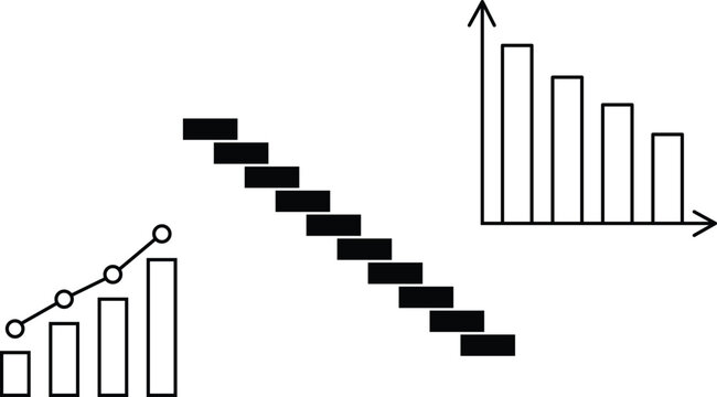 Black and white illustration depicting upward and downward trending bar graphs and line charts