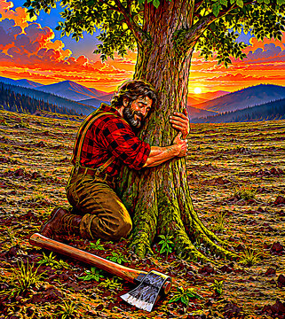 Lumberjack kneeling and hugging a tree with his axe on the ground in a deforested field at sunset, environmental conservation concept, digital painting