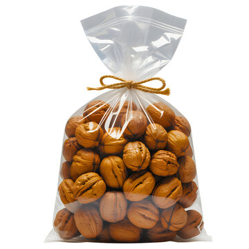 Walnuts in clear plastic bag isolated on transparent background for commercial food packaging design
