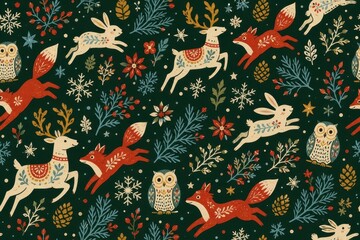 Fototapeta premium Whimsical woodland animals and botanical winter seamless pattern