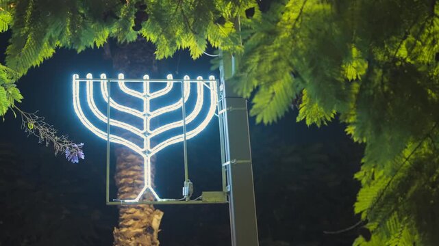 Luminous Hanukkah menorah street decoration glowing brightly at night, framed by the lush green leaves of a nearby tree. Religious symbol celebrating the Jewish Festival of Lights in Israel