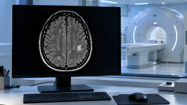 Brain tumor MRI and CT radiology concept with a small focal lesion on hospital monitors in a clean clinical setting for medical education, patient information, and healthcare website design