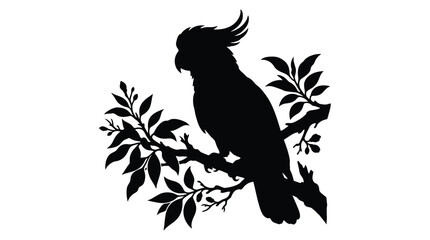 A black silhouette of a cockatoo perched on a leafy branch a striking silhouette © Monjurul