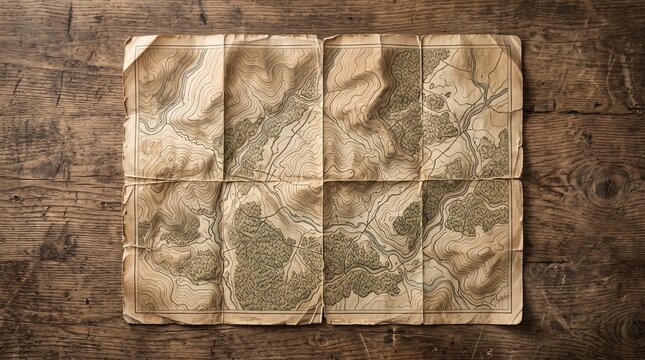 A vintage topomap spread flat on a rustic wooden table top featuring detailed contour lines and forest textures representing an old exploration map for hiking travel and orienteering adventu