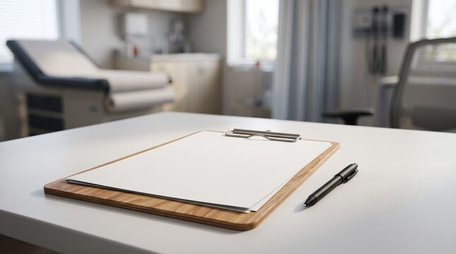 Blank clipboard with a pen on a white medical desk in a bright clinic examination room setting for mockup purposes