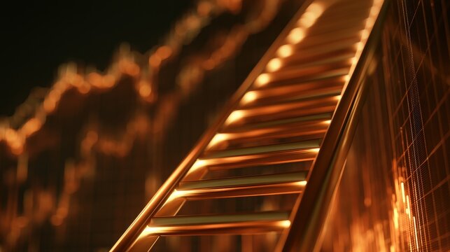 A glowing golden ladder rises upward against a background of upward stock market charts in warm lighting. This inspiring financial growth concept works well for investment and.