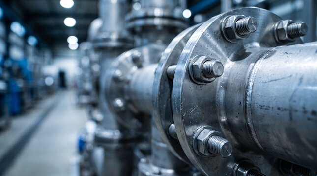 Industrial stainless steel piping system with flanged connections and bolts in a modern manufacturing plant facility featuring shallow depth of field and cool blue atmospheric factory lighti