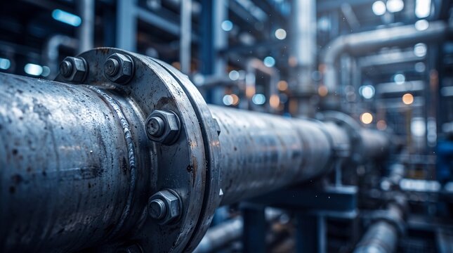 Industrial steel piping infrastructure with flange connection in a factory setting showing robust construction and manufacturing engineering details with soft bokeh lighting and metallic tex