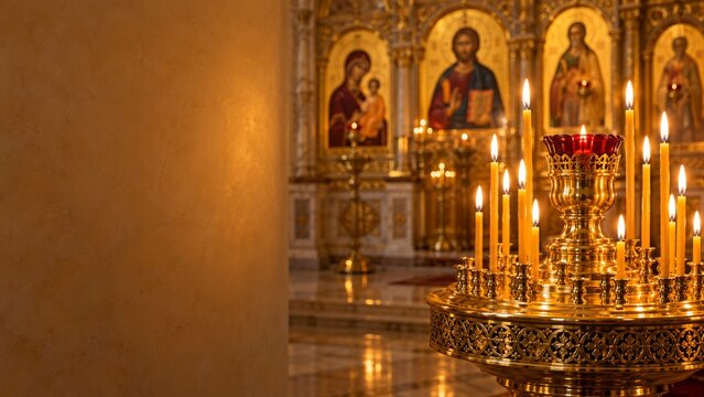 Golden Church Candle Stand with a Red Glass Lamp and Warm Flames