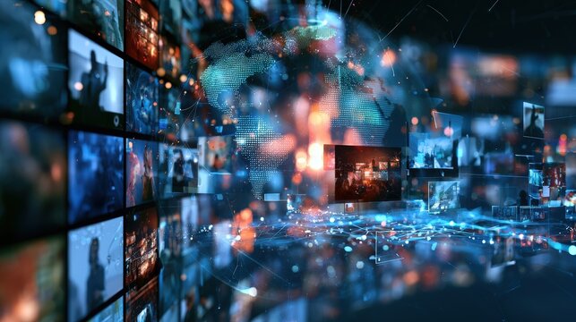 Digital world globe formed by data streams and multiple video screens in dark space. Connectivity and global information technology concept for communications.