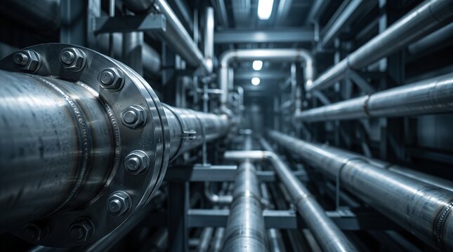Industrial metallic pipeline system with heavy steel flanges and bolts in a dark high tech chemical processing plant or refinery facility featuring blue cinematic atmospheric industrial ligh