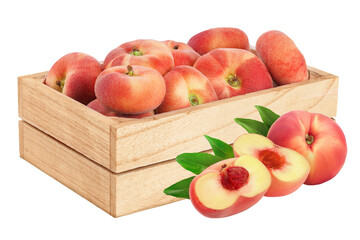 chinese flat donut peaches in wooden box isolated on white background © kolesnikovserg