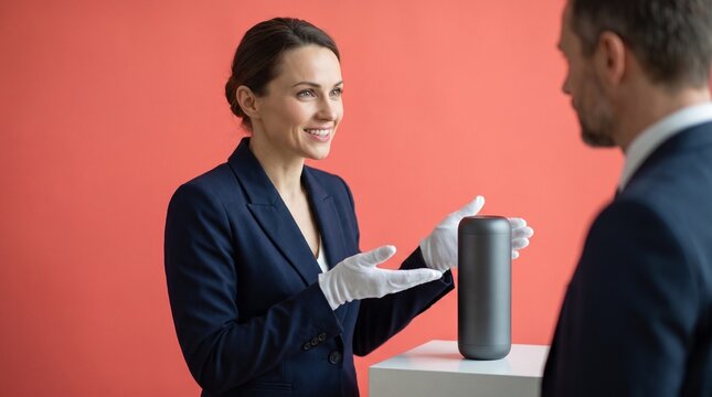 Businesswoman presenting a smart speaker to a businessman in a studio  