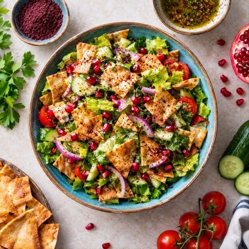 Fresh Traditional Fattoush Salad with Crispy Pita Bread, Pomegranate Seeds, Sumac, and Dressing Top View 