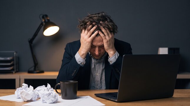 Man sitting at desk with head in hands showing frustration at work  