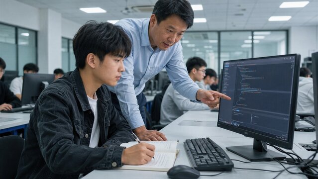 Teacher assisting student with coding on computer in classroom