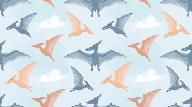 Pterodactyl Dinosaur Watercolour Seamless Pattern Vector Kids Fabric