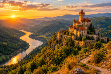Fototapeta premium Majestic Fantasy Castle on a Mountain Peak at Sunrise.
