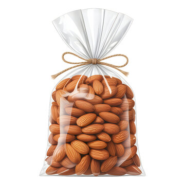 Almonds in transparent plastic bag isolated on white background, realistic 3D food packaging illustration