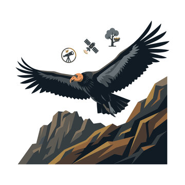 Stylized vector illustration of a California condor with black plumage and orange head flying over rugged brown mountains, featuring icons for satellite tracking and field observation.