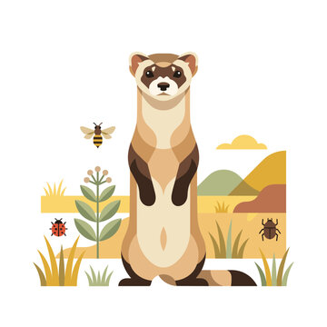 Flat design vector illustration of an upright ferret or weasel standing in a meadow with a bumblebee, ladybug, and beetle among desert plants and rolling hills in earthy tones.
