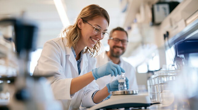 36-year-old scientist balancing sealed formulation vial