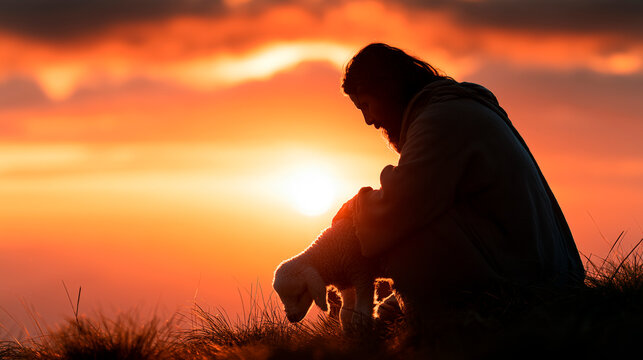 Shepherd jesus christ gently caring for a lost lamb during a majestic sunset scene
