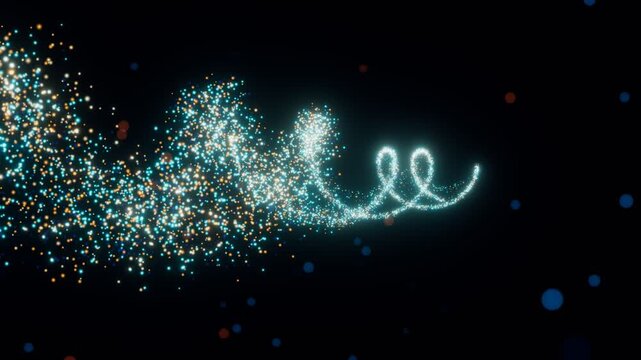 Abstract glowing blue white and gold particle stream flowing in a swirling motion, high-dimensional manifold data flow and scientific particle animation background for tech projects