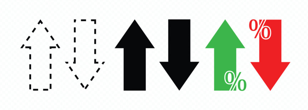 Up and Down Arrows Set with Dashed, Solid, Green Increase, and Red Decrease Percentage Indicators Vector Illustration Isolated on Transparent Background