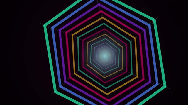 Multilayered glowing hexagonal render functions as a seamless looping geometric background