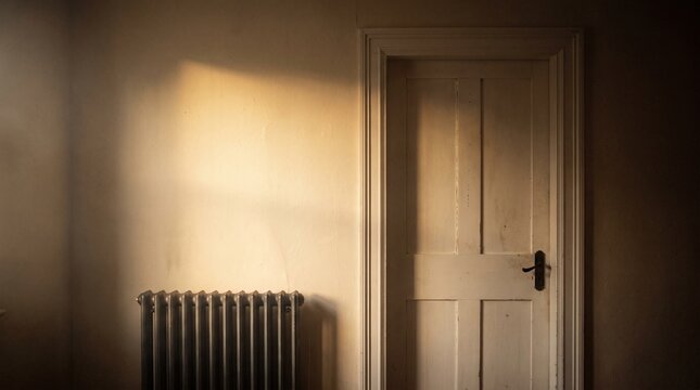 Vintage metal radiator against a plain wall next to a closed white