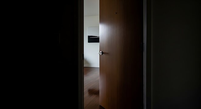 Partially open wooden door revealing a bright interior room from a dark hallway.