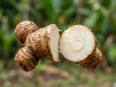 Whole and cut taro root vegetable tropical food ingredient natural earthy texture dietary fiber organic produce healthy eating jungle background