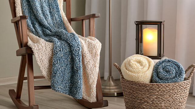 Knitted throw blanket draped over wooden rocking chair with woven basket and rolled wool beside warm lamp