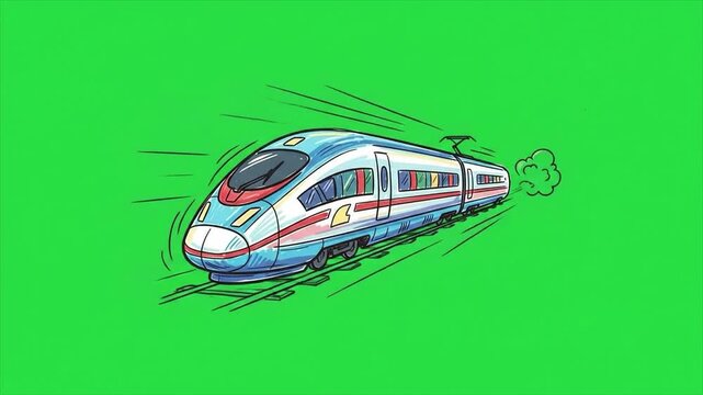 High speed bullet train moving fast on green background. Hand drawn modern express train sketch element. Fast public transport bullet train illustration.