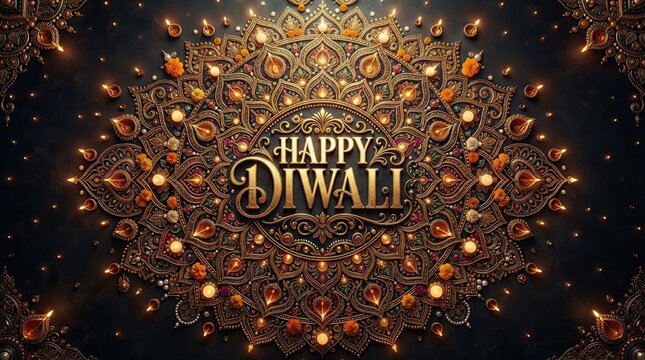 Festive happy diwali text composed of many glowing oil lamps and decorative elements
