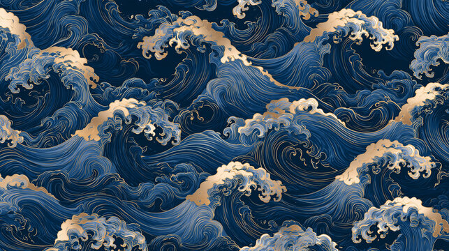 青い荒波と白波を描いた浮世絵風の和風海洋パターン背景