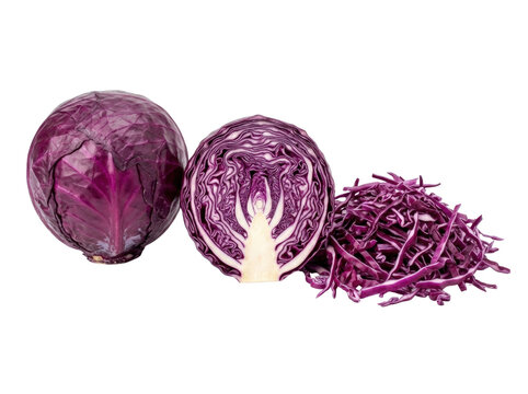 Fresh Red Cabbage Whole Halved and Shredded.