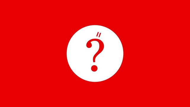 Red question mark animation on white circle with solid red background showing uncertainty through motion graphic design elements and minimal flat vector style for video clips.