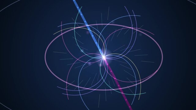 Looping abstract render of intersecting glowing geometric curves against deep blue backdrop