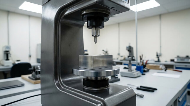A precision measuring instrument in a clean laboratory setting, used for testing hardness or material properties.