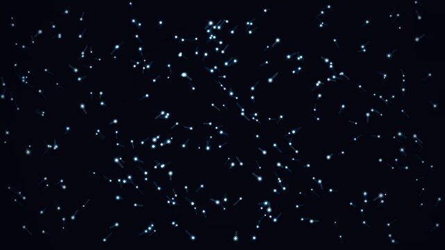 Glowing blue light trails streak across a dark void in a looping render