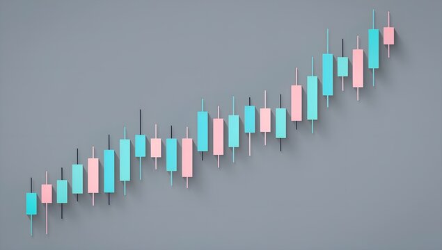 Rising stock market candlestick chart with teal and pink trading bars, financial growth graph, bullish trend, investment analysis, cryptocurrency and business analytics