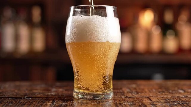 Golden beer pours into a glass at bar, forming a foamy head. Beer pouring, draft beverage and pub culture. Refreshment, brewing and hospitality.