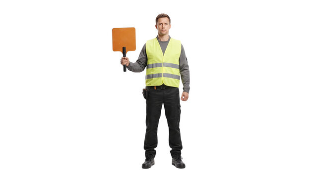 Airport Marshaller Holding Signal Paddle in Safety Vest