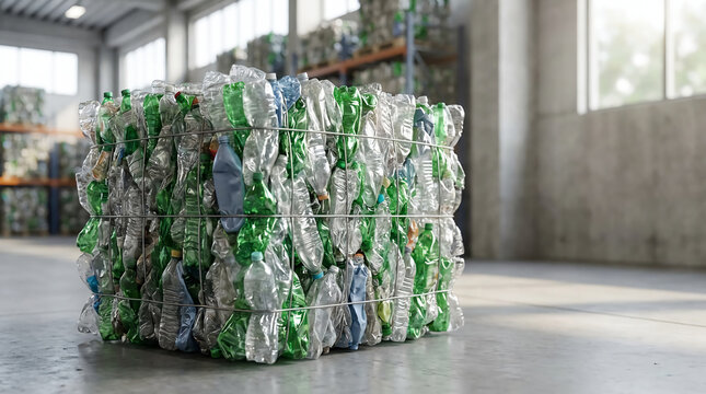 A large bundle of crushed plastic bottles tied together inside a recycling facility, emphasizing waste management and environmental sustainability.