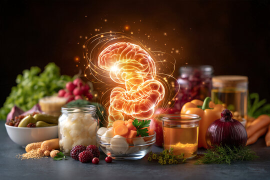 Glowing gut and brain pathway above probiotic foods highlighting gut brain biochemistry microbiome wellness and nutrition science