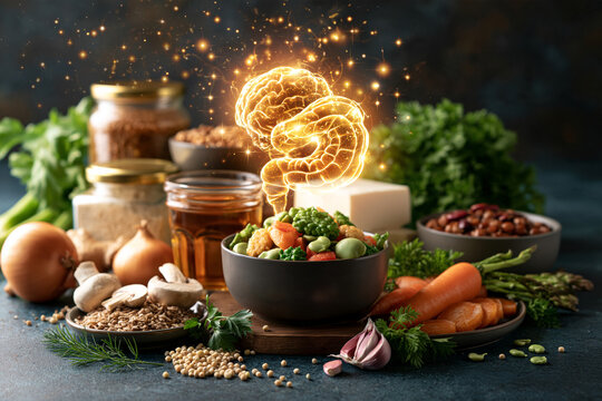 Glowing gut and brain pathway above probiotic foods highlighting gut brain biochemistry microbiome wellness and nutrition science
