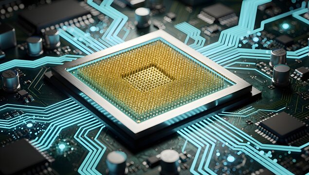Futuristic microprocessor chip on circuit board, advanced semiconductor technology and digital computing concept, powerful CPU hardware with electronic circuitry design